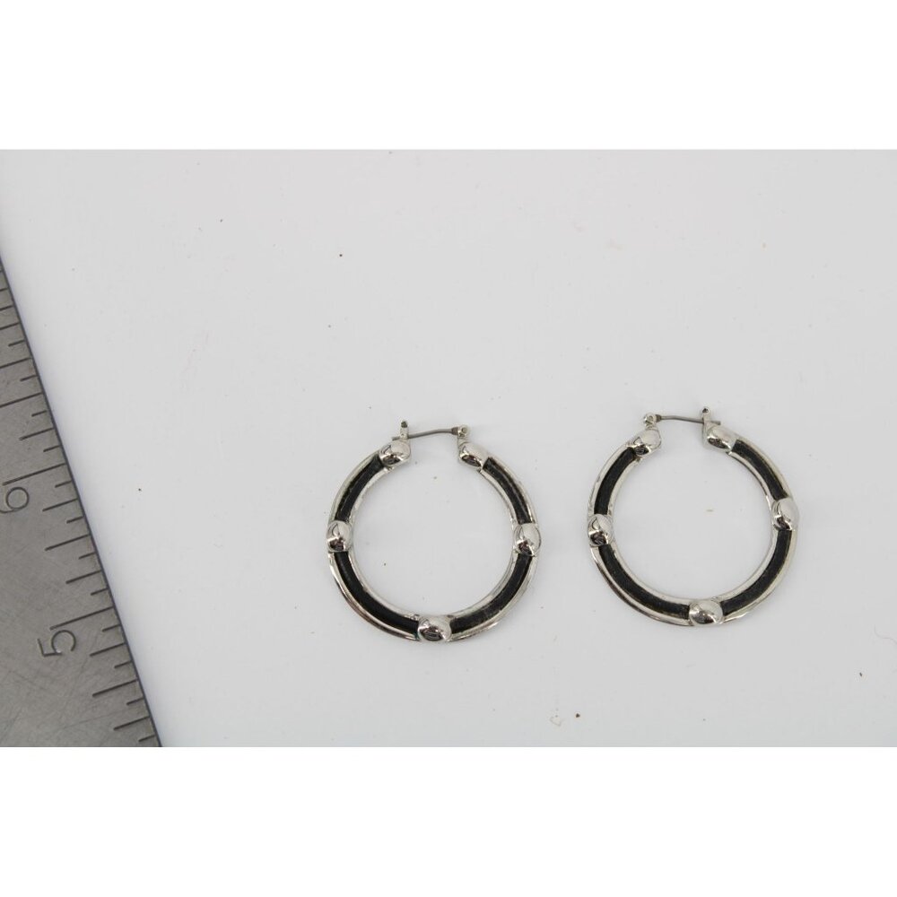 Nine West black Silvertone Hoop Earrings Silver Tone Vintage Pierced 94100 - Picture 2 of 4